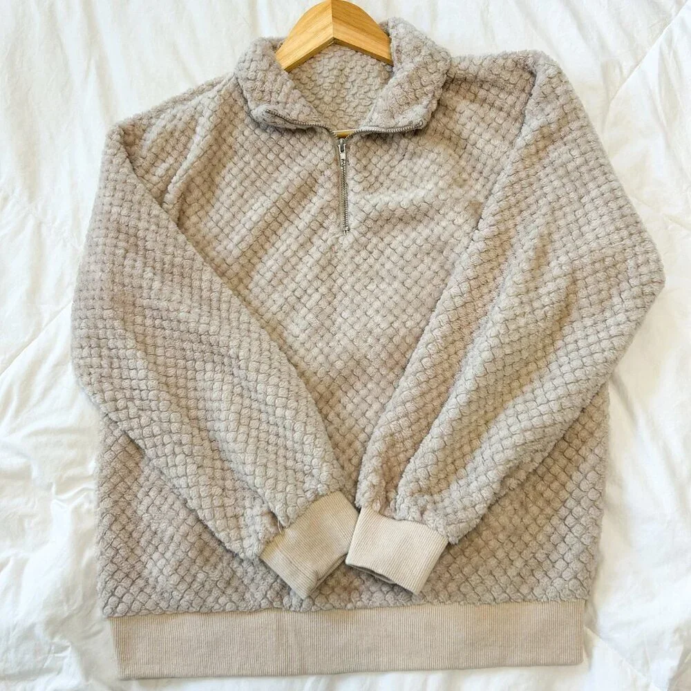 Shein Beige Textured Fleece Pullover Medium Long Sleeve 1/4 Zip Cozy Sweatshirt